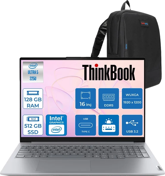 Lenovo Thinkbook 16 Gen 8 Ial Intel Core Ultra 5 225U 128GB Ddr5 512GB SSD Freedos Intel Aı Boost 16 Inç Wuxga (1920 x 1200) IPS 300NITS Taşınabilir Bilgisayar 21SK007VTXF58 + Zetta Çanta ürün görseli 1