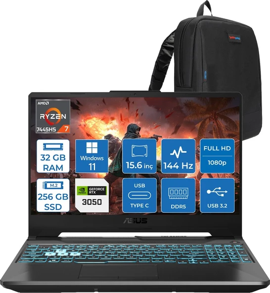 Asus Tuf Gaming A15 – FA506NCG Amd Ryzen 7-7445HS 32GB Ddr5 256GB SSD Rtx 3050/4GB 75W 15.6 Inç Full Hd 144Hz Ips-Level WIN11HOME Gaming Bilgisayar HN206AF11+ZETTAÇANTA ürün görseli 1
