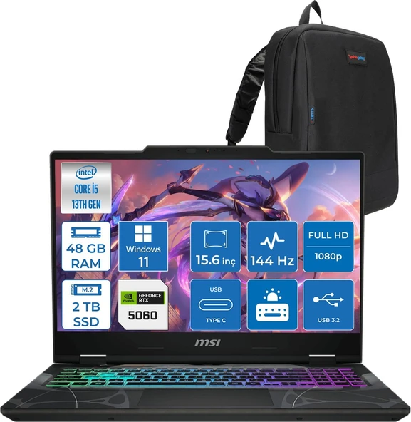 Msı Cyborg 15 Intel Core I5 13420H 48GB Ddr5 2tb SSD RTX5060 Gddr7 8gb Windows 11 Pro 15.6" Fullhd (1920X1080) 144HZ IPS Taşınabilir Bilgisayar B13WFKG491XTRP24 + Zetta Çanta ürün görseli 1