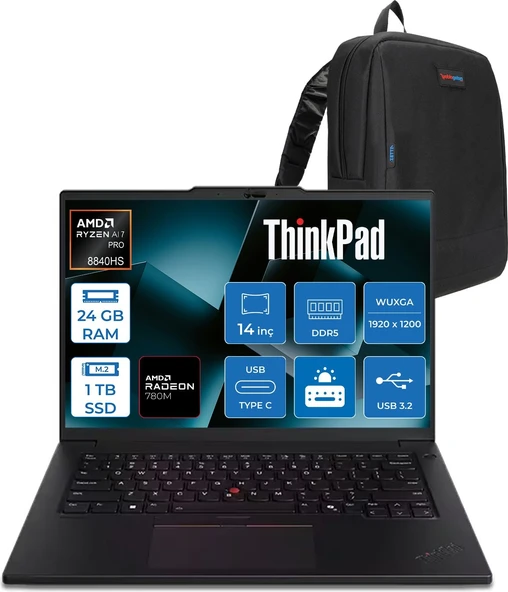 Lenovo Thinkpad P14S Gen 5 Amd Ryzen™ 7 Pro 8840HS 5.1GHz 24GB Ddr5 1tb SSD Amd Radeon 780M 14" Wuxga IPS 400NITS Windows 11 Pro Taşınabilir Bilgisayar 21MFS2MQ00P06 + Zettaçanta ürün görseli 1