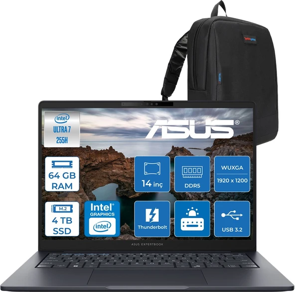 Asus Expertbook B5 B5405CCA-U716512B1D Intel® Core™ Ultra 7 255H Aı 64GB Ddr5 4tb SSD Intel® Arc™ Graphics 14"inç Wuxga (1920X1200) IPS 300NITS Freedos Taşınabilir Bilgisayar B5405CCAF20+ZETTAÇANTA ürün görseli 1