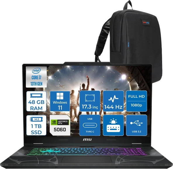 Msı Cyborg 17 Intel Core I7 13620H  48GB Ddr5 1tb SSD RTX5060 Gddr7 8gb Windows 11 Home 17.3" Fullhd (1920X1080) 144HZ IPS Taşınabilir Bilgisayar B13WFKG210XTRH23 + Zetta Çanta ürün görseli 1