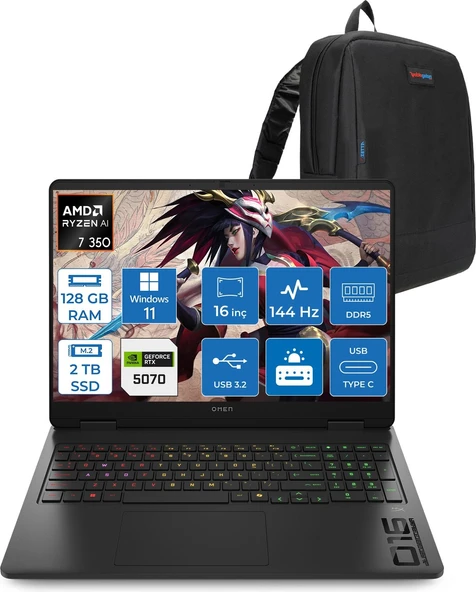 Hp Omen 16-AP0006NT Amd Ryzen Aı 7 350 128GB Ddr5 2tb SSD RTX5070 8gb Gddr7 16 Inç Wuxga (1920 x 1200) 144HZ 300NİTS IPS Windows 11 Home Taşınabilir Bilgisayar C52R1EAH51 + Zetta Çanta ürün görseli 1