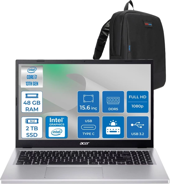 Acer Aspire Go 15 Intel Core I7-13620H Ddr5 48GB 2tb SSD Freedos Intel UHD Graphics 15,6" Fhd (1920 x 1080) IPS Taşınabilir Bilgisayar NXJ6SEY001F24 + Zetta Çanta ürün görseli 1