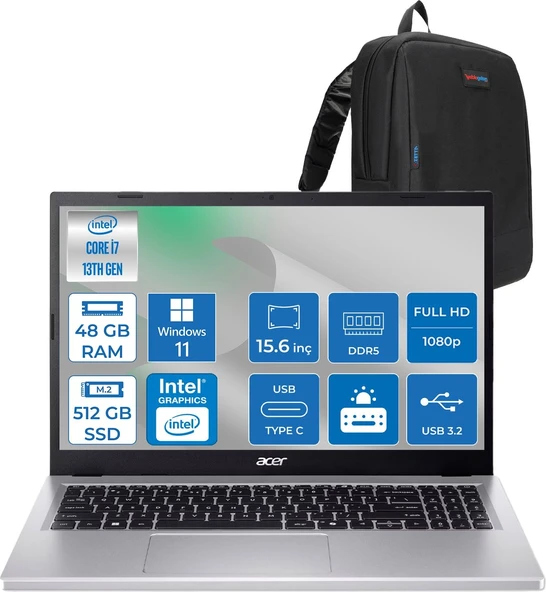 Acer Aspire Go 15 Intel Core I7-13620H Ddr5 48GB 512GB SSD Windows 11 Home Intel UHD Graphics 15,6" Fhd (1920 x 1080) IPS Taşınabilir Bilgisayar NXJ6SEY001H22 + Zetta Çanta ürün görseli 1