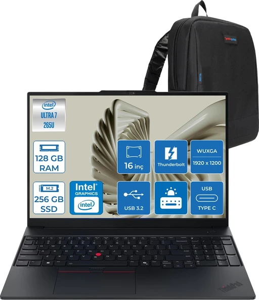 Lenovo Thinkpad E16 Gen 3 Intel Core Ultra 7 265U 128GB Ddr5 256GB SSD Freedos Intel Aı Boost 16 Inç Wuxga (1920 x 1200) IPS 300NITS Taşınabilir Bilgisayar 21SR0076TXF41 + Zetta Çanta ürün görseli 1