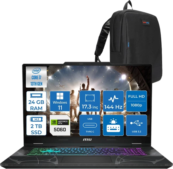 Msı Cyborg 17 Intel Core I7 13620H  24GB Ddr5 2tb SSD RTX5060 Gddr7 8gb Windows 11 Home 17.3" Fullhd (1920X1080) 144HZ IPS Taşınabilir Bilgisayar B13WFKG210XTRH09 + Zetta Çanta ürün görseli 1