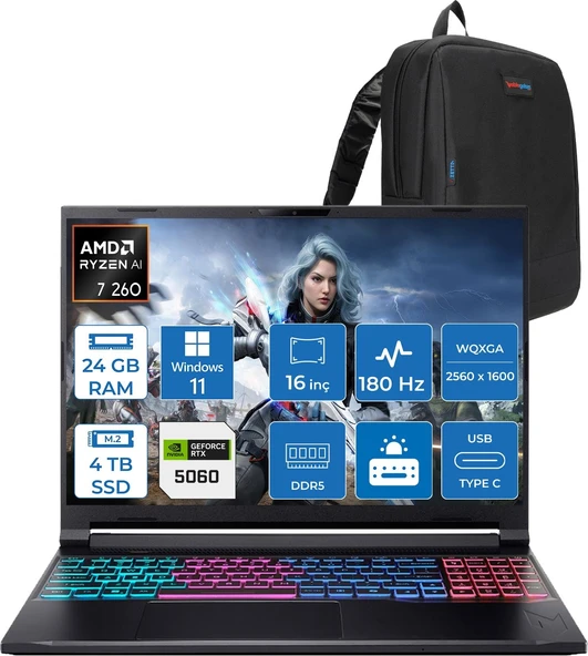 Acer Nitro V 16S Aı Amd Ryzen™ 7 260 24GB Ddr5 4tb SSD 8GB/RTX5060 85W 16"qhd+ 2560X1600 180Hz IPS WIN11PRO Gaming Bilgisayar. NHU03EY001P05+ZETTAÇANTA ürün görseli 1