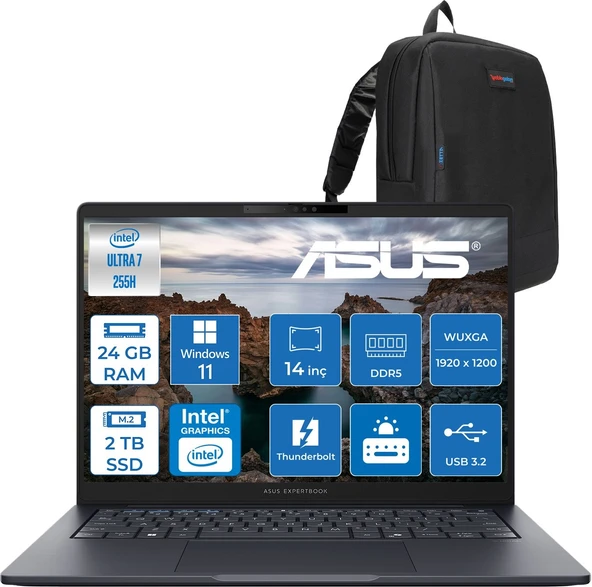 Asus Expertbook B5 B5405CCA-U716512B1D Intel® Core™ Ultra 7 255H Aı 24GB Ddr5 2tb SSD Intel® Arc™ Graphics 14"inç Wuxga (1920X1200) IPS 300NITS WIN11PRO Taşınabilir Bilgisayar B5405CCAP04+ZETTAÇANTA ürün görseli 1