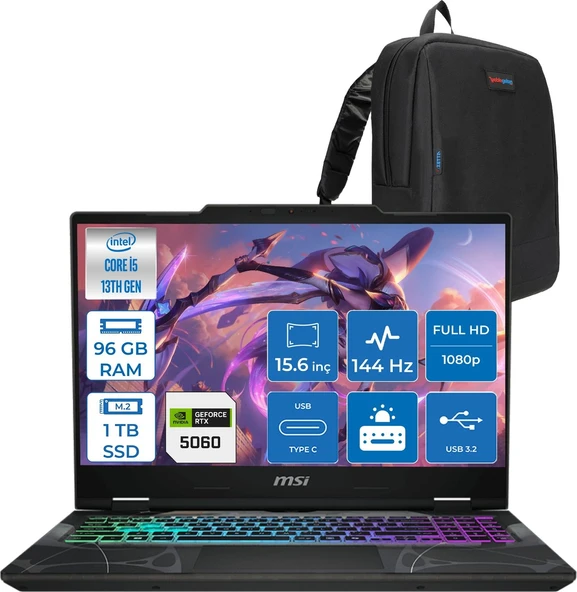 Msı Cyborg 15 Intel Core I5 13420H 96GB Ddr5 1tb SSD RTX5060 Gddr7 8gb Freedos 15.6" Fullhd (1920X1080) 144HZ IPS Taşınabilir Bilgisayar B13WFKG491XTRF38 + Zetta Çanta ürün görseli 1