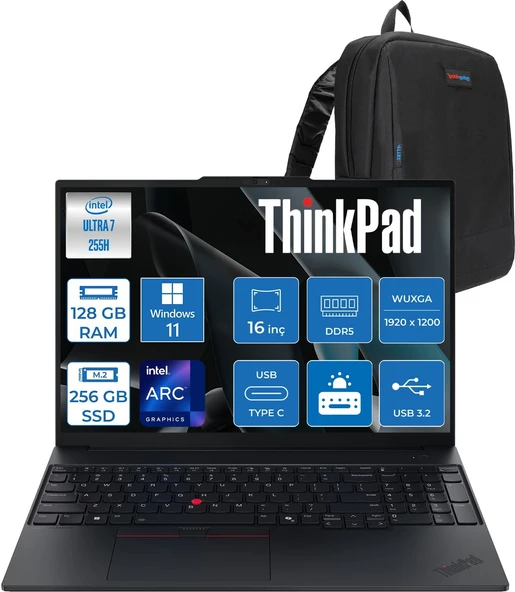 Lenovo Thinkpad E16 Gen 3 Intel Core Ultra 7 255H 128GB Ddr5 256GB SSD Windows 11 Home Intel Arc 140T 16 Inç Wuxga (1920 x 1200) IPS 300NITS Taşınabilir Bilgisayar 21SR006RTXH41 + Zetta Çanta ürün görseli 1