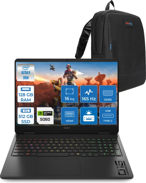 Hp Omen Slim 16-AM0000NT Intel Core Ultra 9 285H 128GB Ddr5 512GB SSD RTX5060 8gb Gddr7 16 Inç Wuxga (1920X1200) 165Hz 400NITS 3ms IPS Freedos Taşınabilir Bilgisayar BQ3Z2EAF49 + Zetta Çanta ürün görseli 1