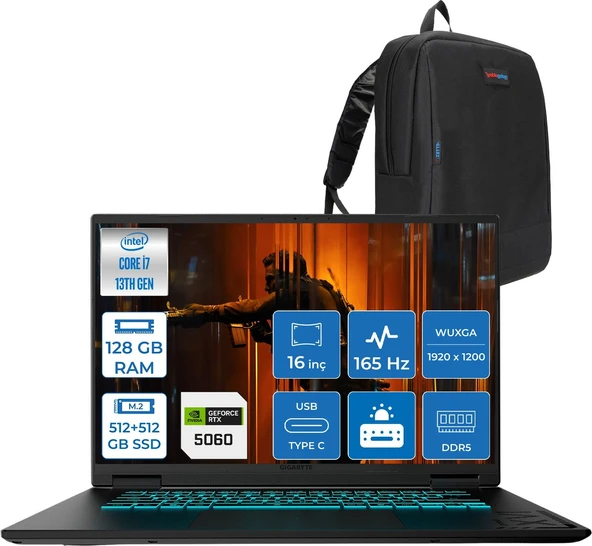 Gıgabyte Gamıng A16CVH Intel® Core™ I7-13620H Ddr5 128GB 512GB SSD+512GB SSD 16INÇ 8GB/RTX5060 IPS Wuxga (1920X1200) 165Hz, 300NITS WINDOWS11HOME Gaming Laptop WA16CVHH50+ZETTAÇANTA ürün görseli 1