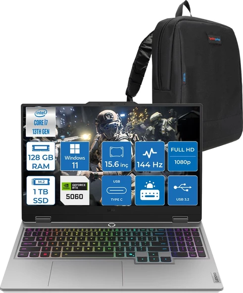 Lenovo Loq 15IRX10 Intel Core I7 13650HX 128GB Ddr5 1tb SSD RTX5060 8gb 100W Windows 11 Home 15.6" Fhd (1920X1080) IPS 300NITS 144Hz 100% Srgb Taşınabilir Bilgisayar 83JE00J5TRH44 + Zetta Çanta ürün görseli 1