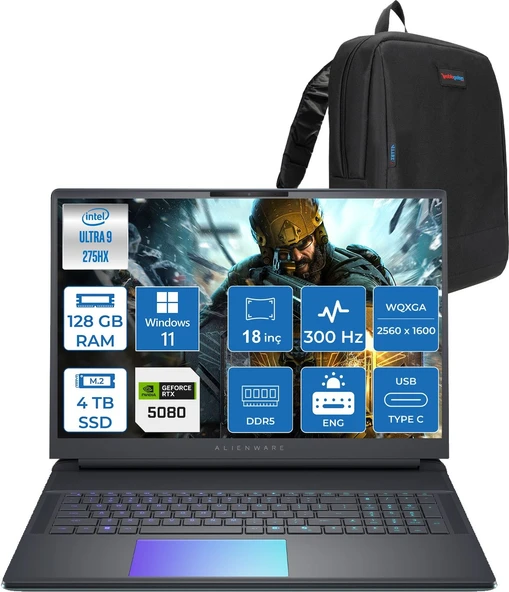 Dell Alienware 18 Area-51 AA18250 Ultra 9 275HX Ddr5 128GB 4tb SSD 16GB/RTX5080 175W 18INÇ Wqxga 300Hz 500NITS WINDOWS11HOME Gaming Laptop AA1825080H55+ZETTAÇANTA ürün görseli 1
