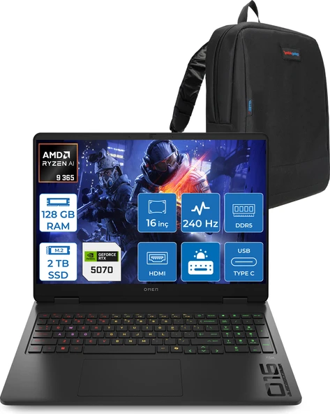 Hp Omen 16-AP0012NT Amd Ryzen Aı 9 365 128GB Ddr5 2tb SSD RTX5070 8gb Gddr7 16 Inç Wqxga (2560 x 1600) 240Hz 500NITS 3ms IPS Freedos Taşınabilir Bilgisayar C12CGEAF51 + Zetta Çanta ürün görseli 1