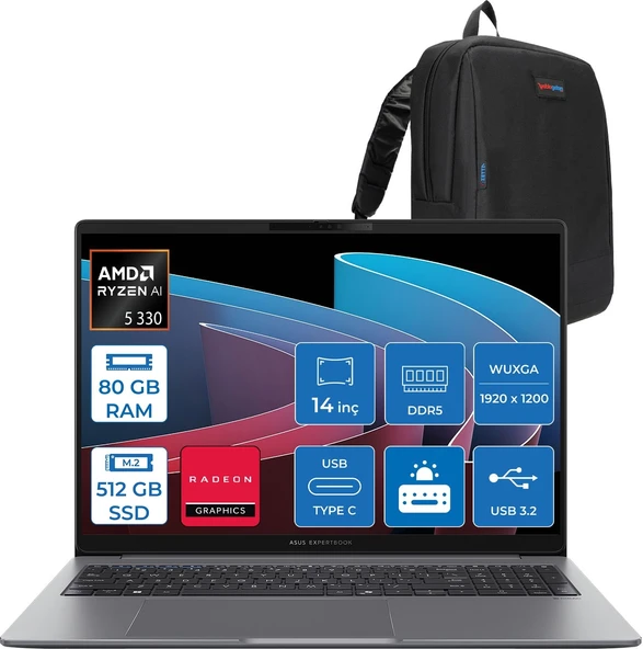 Asus Expertbook P3 PM3406CKA Ryzen Aı 5-330 80GB Ddr5 512GB SSD Radeon 820M 14.0-Inch, Wuxga (1920 x 1200) 300NITS Freedos Taşınabilir Bilgisayar PM3406CKA5F22+ZETTAÇANTA ürün görseli 1