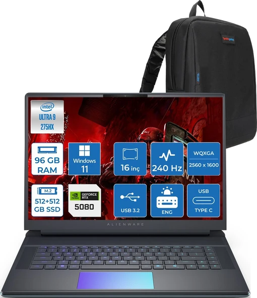 Dell Alienware 16 Area-51 AA16250 Ultra 9 275HX Ddr5 96GB 512GB SSD+512GB SSD 16GB/RTX5080 175W 16INÇ Wqxga 240Hz 500NITS 3ms WINDOWS11PRO Gaming Laptop AA1625080P42+ZETTAÇANTA ürün görseli 1