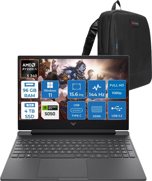 Hp Victus 15-WFB3036NT Amd Ryzen 5 Aı 340 96GB Ddr5 4tb SSD Windows 11 Home Nvidia Geforce 8gb RTX5050 15.6 Inç Fullhd (1920X1080) IPS 144HZ Taşınabilir Bilgisayar CA8E7EAH40 + Zetta Çanta ürün görseli 1