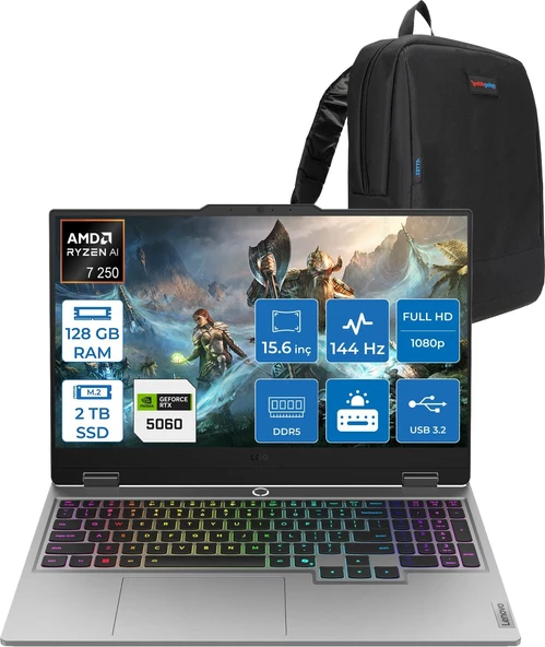 Lenovo Loq 15AHP10 Amd Ryzen 7 250 Aı 128GB Ddr5 2tb SSD 8GB/RTX5060 100W Gddr7 15.6" Fhd (1920X1080) IPS 300NITS 144Hz  Freedos Gaming BILG.83JG008UTRF34+ZETTAÇANTA ürün görseli 1