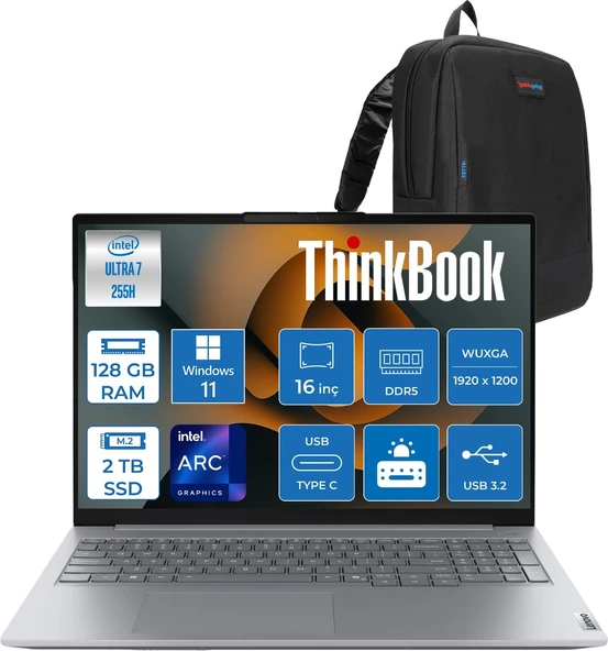 Lenovo Thinkbook 16 Gen 8 Ial Intel Core Ultra 7 255H 128GB Ddr5 2tb SSD Windows 11 Home Intel Arc 140T 16 Inç Wuxga (1920 x 1200) IPS 300NITS Taşınabilir Bilgisayar 21SK007UTXH60 + Zetta Çanta ürün görseli 1