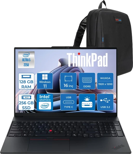 Lenovo Thinkpad E16 Gen 3 Intel Core Ultra 5 225U 128GB Ddr5 256GB SSD Windows 11 Pro Intel Aı Boost 16 Inç Wuxga (1920 x 1200) IPS 300NITS Taşınabilir Bilgisayar 21SR006VTXP41 + Zetta Çanta ürün görseli 1