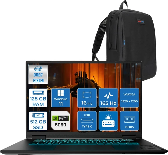 Gıgabyte Gamıng A16CVH Intel® Core™ I7-13620H Ddr5 128GB 512GB SSD 16INÇ 8GB/RTX5060 IPS Wuxga (1920X1200) 165Hz, 300NITS WINDOWS11HOME Gaming Laptop WA16CVHH49+ZETTAÇANTA ürün görseli 1