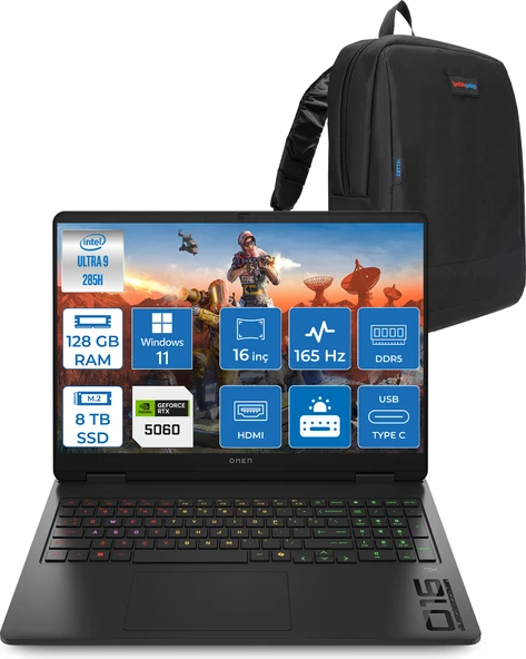 Hp Omen Slim 16-AM0000NT Intel Core Ultra 9 285H 128GB Ddr5 8tb SSD RTX5060 8gb Gddr7 16 Inç Wuxga (1920X1200) 165Hz 400NITS 3ms IPS Windows 11 Home Taşınabilir Bilgisayar BQ3Z2EAH54 + Zetta Çanta ürün görseli 1