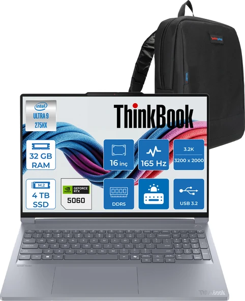 Lenovo Thinkbook 16P G6 Iax Intel Core Ultra 9 275HX 32GB Ddr5 4tb SSD Freedos RTX5060 8gb 115W 16" 3.2k (3200X2000) IPS 500NITS 165Hz Taşınabilir Bilgisayar 21R0001JTXF19 + Zetta Çanta ürün görseli 1