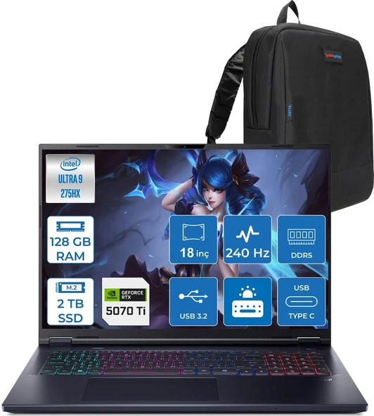 Acer Predator Helios Neo 18 Aı Intel®core™ Ultra 9 275HX 128GB Ddr5 2tb SSD 12GB/RTX5070Tİ 140W 18" 2560 x 1600 Wqxga 240HZ  Freedos Gaming Bilgisayar. NHQVMEY002F34+ZETTAÇANTA ürün görseli 1