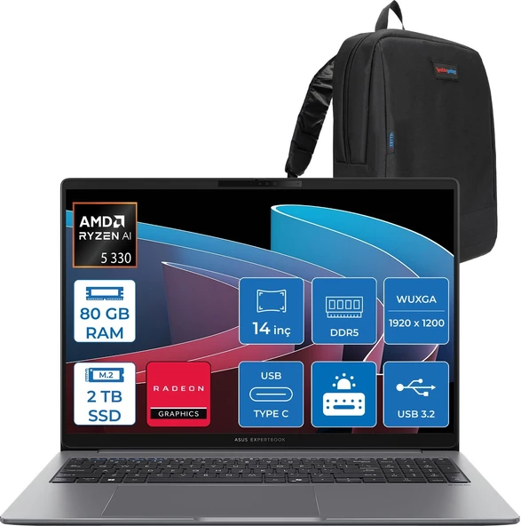 Asus Expertbook P3 PM3406CKA Ryzen Aı 5-330 80GB Ddr5 2tb SSD Radeon 820M 14.0-Inch, Wuxga (1920 x 1200) 300NITS Freedos Taşınabilir Bilgisayar PM3406CKA5F24+ZETTAÇANTA ürün görseli 1