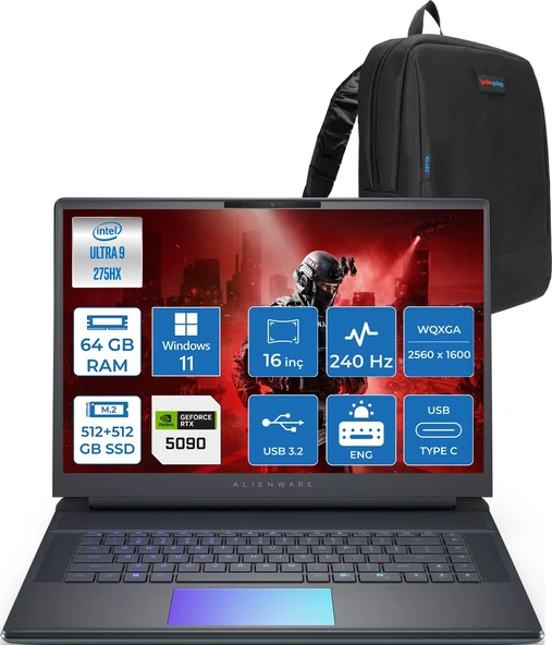 Dell Alienware 16 Area-51 AA16250 Ultra 9 275HX Ddr5 64GB 512GB SSD+512GB SSD 24GB/RTX5090 175W 16INÇ Wqxga 240Hz 500NITS 3ms WINDOWS11PRO Gaming Laptop AA1625090P26+ZETTAÇANTA ürün görseli 1
