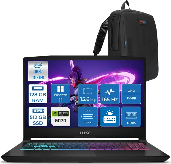 Msı Katana 15 Hx Intel Core I7 14650HX 128GB Ddr5 512GB SSD Windows 11 Pro RTX5070 8gb Gddr7 115W 15.6" 2k QHD(2560X1440) 165HZ Gaming Laptop B14WGK068XTRP42 + Zetta Çanta ürün görseli 1