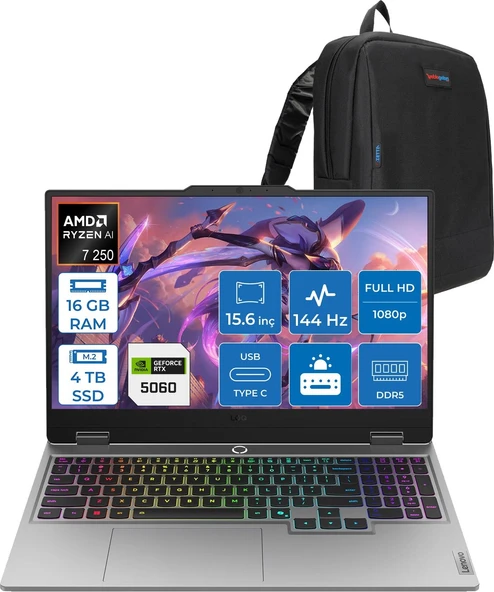Lenovo Loq 15AHP10 Ryzen 7 250 16GB Ddr5 4tb SSD 8GB/RTX5060/100W 15.6" Fhd IPS 144Hz Freedos Taşınabilir Bilgisayar 83JG0055TRF04 + Zettaçanta ürün görseli 1
