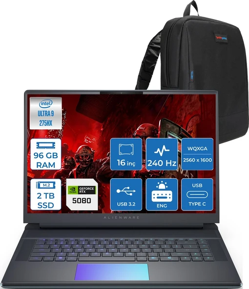Dell Alienware 16 Area-51 AA16250 Ultra 9 275HX Ddr5 96GB 2tb SSD 16GB/RTX5080 175W 16INÇ Wqxga 240Hz 500NITS 3ms WINDOWS11PRO Gaming Laptop AA1625080P45+ZETTAÇANTA ürün görseli 1