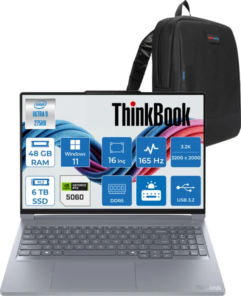 Lenovo Thinkbook 16P G6 Iax Intel Core Ultra 9 275HX 48GB Ddr5 6tb SSD Windows 11 Home RTX5060 8gb 115W 16" 3.2k (3200X2000) IPS 500NITS 165Hz Taşınabilir Bilgisayar 21R0001JTXH34 + Zetta Çanta ürün görseli 1