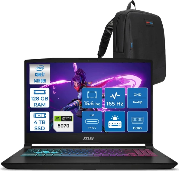 Msı Katana 15 Hx Intel Core I7 14650HX 128GB Ddr5 4tb SSD Freedos RTX5070 8gb Gddr7 115W 15.6" 2k QHD(2560X1440) 165HZ Gaming Laptop B14WGK068XTRF45 + Zetta Çanta ürün görseli 1