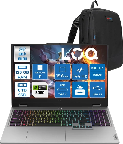 Lenovo Loq 15IRX10 Intel Core I7 13700HX 128GB Ddr5 6tb SSD RTX5050 8gb 100W Windows 11 Pro 15.6" Fhd (1920X1080) IPS 300NITS 144Hz 100% Srgb Taşınabilir Bilgisayar W83JE00KKTRP53 + Zetta Çanta ürün görseli 1