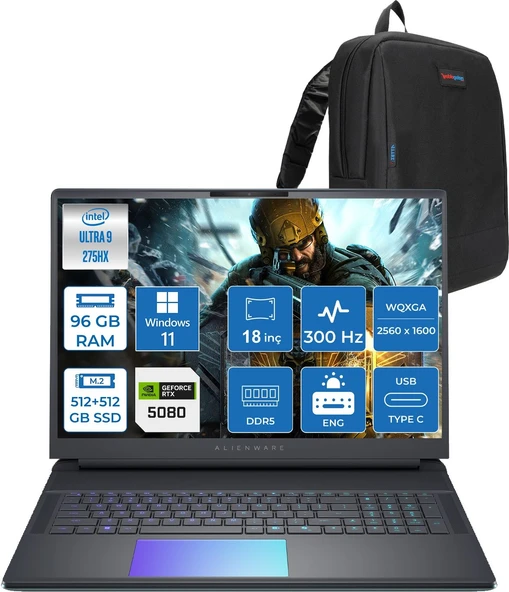 Dell Alienware 18 Area-51 AA18250 Ultra 9 275HX Ddr5 96GB 512GB SSD+512GB SSD 16GB/RTX5080 175W 18INÇ Wqxga 300Hz 500NITS WINDOWS11PRO Gaming Laptop AA1825080P42+ZETTAÇANTA ürün görseli 1