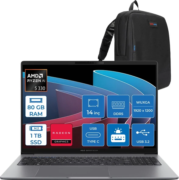 Asus Expertbook P3 PM3406CKA Ryzen Aı 5-330 80GB Ddr5 1tb SSD Radeon 820M 14.0-Inch, Wuxga (1920 x 1200) 300NITS Freedos Taşınabilir Bilgisayar PM3406CKA5F23+ZETTAÇANTA ürün görseli 1
