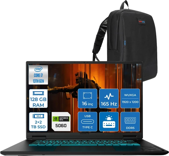 Gıgabyte Gamıng A16CVH Intel® Core™ I7-13620H Ddr5 128GB 2tb Ssd+2tb 16INÇ 8GB/RTX5060 IPS Wuxga (1920X1200) 165Hz, 300NITS Freedos Gaming Laptop WA16CVHF54ZETTAÇANTA ürün görseli 1