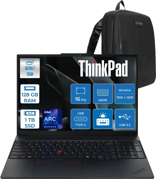 Lenovo Thinkpad E16 Gen 3 Intel Core Ultra 7 255H 128GB Ddr5 1tb SSD Freedos Intel Arc 140T 16 Inç Wuxga (1920 x 1200) IPS 300NITS Taşınabilir Bilgisayar 21SR006RTXF43 + Zetta Çanta ürün görseli 1