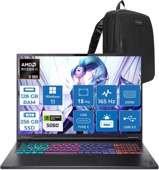 Acer Nitro 18 Aı Amd AN18-AMD Ryzen™ Aı 9 365 128GB Ddr5 256GB SSD 8GB/RTX5060 115W 18" Qhd+ 2560 x 1600 165 Hz IPS  WIN11HOME Gaming Bilgisayar. NHQYHEY001H31+ZETTAÇANTA ürün görseli 1