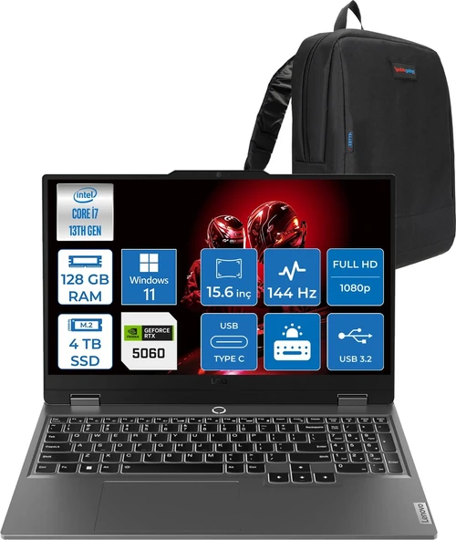 Lenovo Loq 15IRX10 Intel® Core I7-13650HX 128GB Ddr5 4tb SSD 15.6" 8GB/RTX5060 100W (1920X1080) IPS 300NITS 144Hz, G-Sync® WIN11HOME Gaming BILG.83JE00ETTRH35+ZETTAÇANTA ürün görseli 1