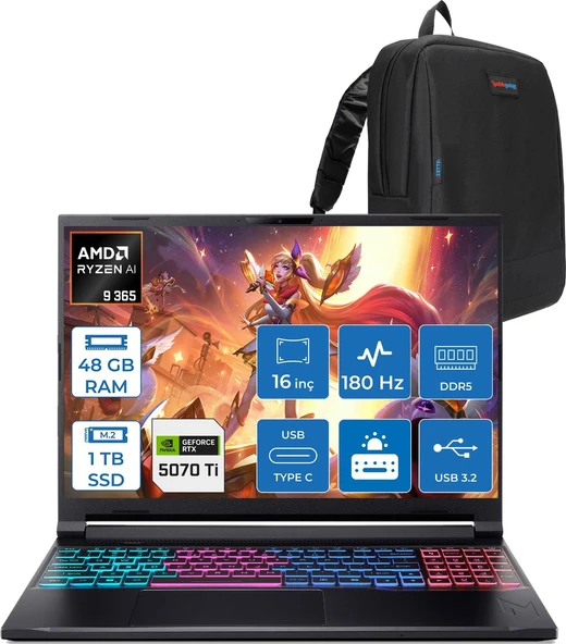 Acer Nitro V 16S Aı AN16S Amd Ryzen™ Aı 9 365 48GB Ddr5 1tb SSD 12GB/RTX5070Tİ 110W 16"qhd+ 2560X1600 180Hz IPS Freedos Gaming Bilgisayar. NHU07EY001F13+ZETTAÇANTA ürün görseli 1