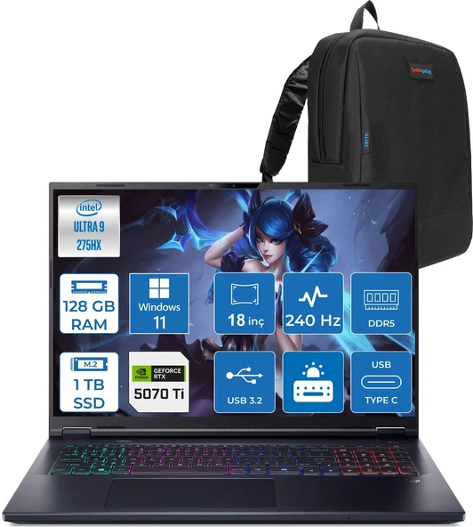 Acer Predator Helios Neo 18 Aı Intel®core™ Ultra 9 275HX 128GB Ddr5 1tb SSD 12GB/RTX5070Tİ 140W 18" 2560 x 1600 Wqxga 240HZ  WIN11PRO Gaming Bilgisayar. NHQVMEY002P33+ZETTAÇANTA ürün görseli 1