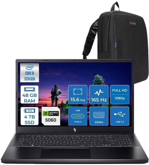 Acer Nitro ANV15-52 Intel Core I9 13900H 48GB 4tb SSD 8GB/RTX5060/75W 15.6" Fhd IPS 165Hz Windows 11 Pro Taşınabilir Bilgisayar NHQZAEY004H20 + Zettaçanta ürün görseli 1