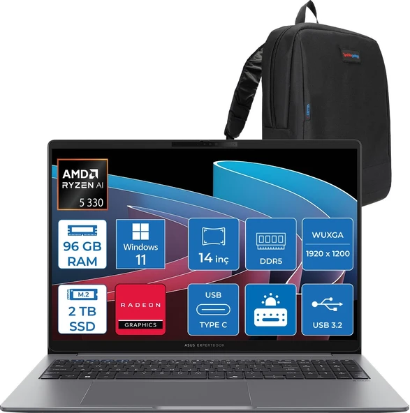 Asus Expertbook P3 PM3406CKA Ryzen Aı 5-330 96GB Ddr5 2tb SSD Radeon 820M 14.0-Inch, Wuxga (1920 x 1200) 300NITS WIN11PRO Taşınabilir Bilgisayar PM3406CKA5P29+ZETTAÇANTA ürün görseli 1