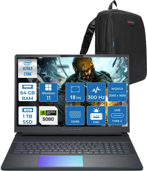 Dell Alienware 18 Area-51 AA18250 Ultra 9 275HX Ddr5 64GB 1tb SSD 16GB/RTX5080 175W 18INÇ Wqxga 300Hz 500NITS WINDOWS11PRO Gaming Laptop AA1825080P27+ZETTAÇANTA ürün görseli 1