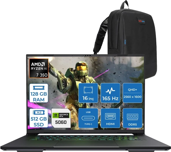 Gıgabyte Aero X16 Amd Ryzen Aı Ryzen7 350 128GB Ddr5 512GB SSD 8GB/RTX5060 16" IPS Wqxga 165Hz Windows 11 Home Taşınabilir Bilgisayar 1VH93TRC94DHH26 + Zettaçanta ürün görseli 1